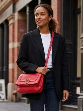 Tory Burch Amanda Red Pebbled Leather Fold over Crossbody Bag